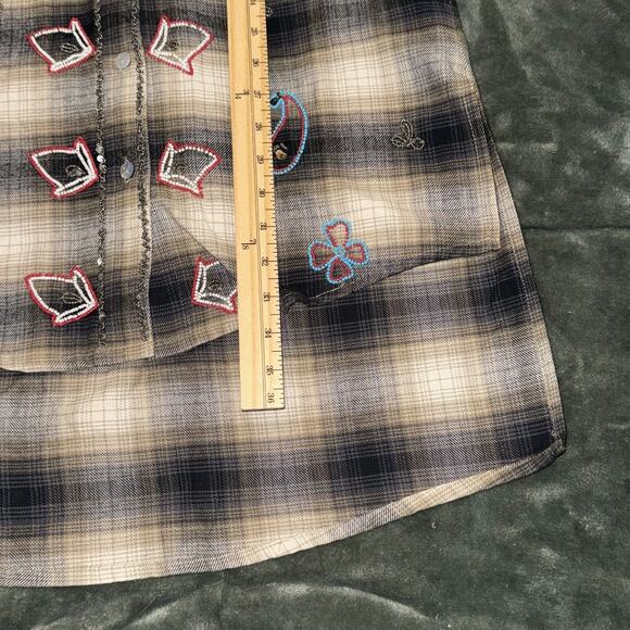 Miss Me Vintage Shirt Dress Women’s Small Brown Black Plaid Embroidered Beaded - Picture 11 of 11